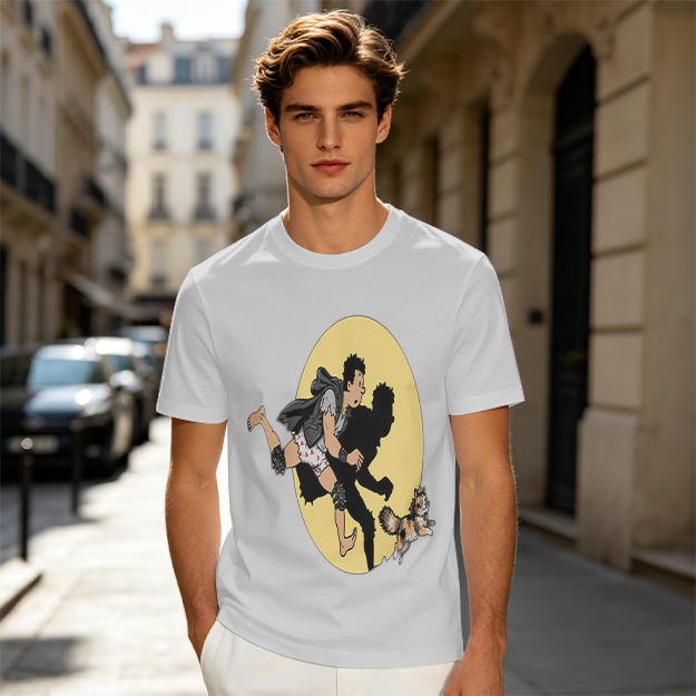 Olive T-Shirt With Cartoon Running Figure And Shadow Print