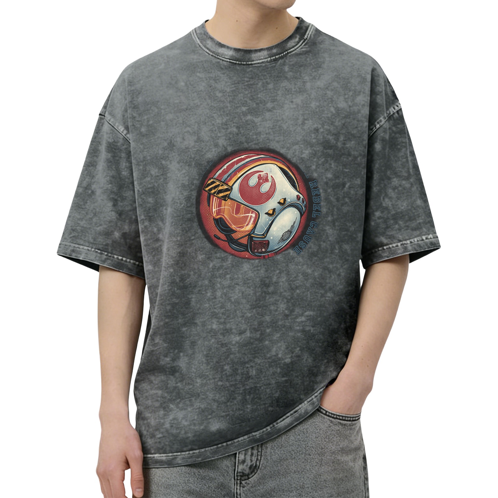 Washed Black T-Shirt With Rebel Pilot Helmet Graphic