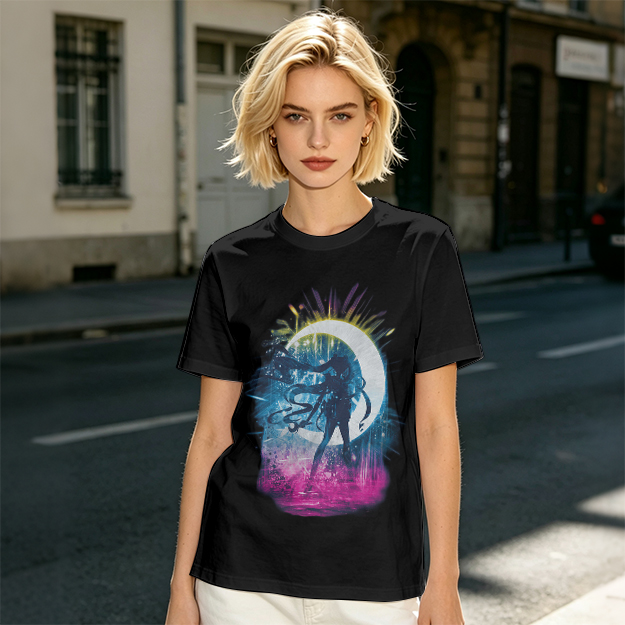 Olive T-Shirt with Crescent Moon Anime Character Silhouette Art