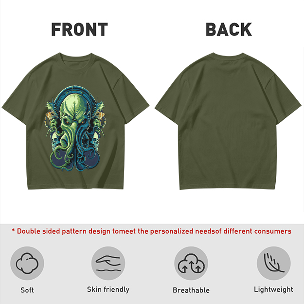 Olive Green T-Shirt With Cthulhu Skull Graphic Print