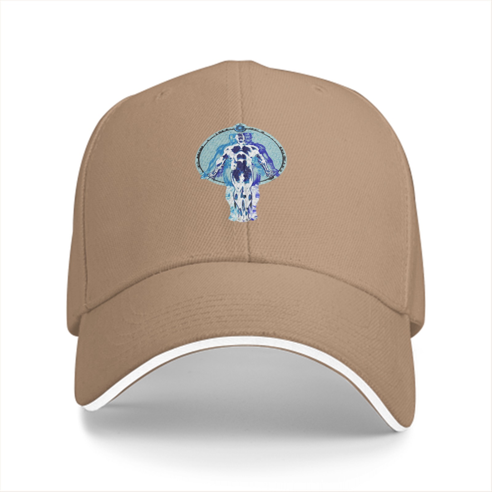 Black baseball cap with blue humanoid figure graphic