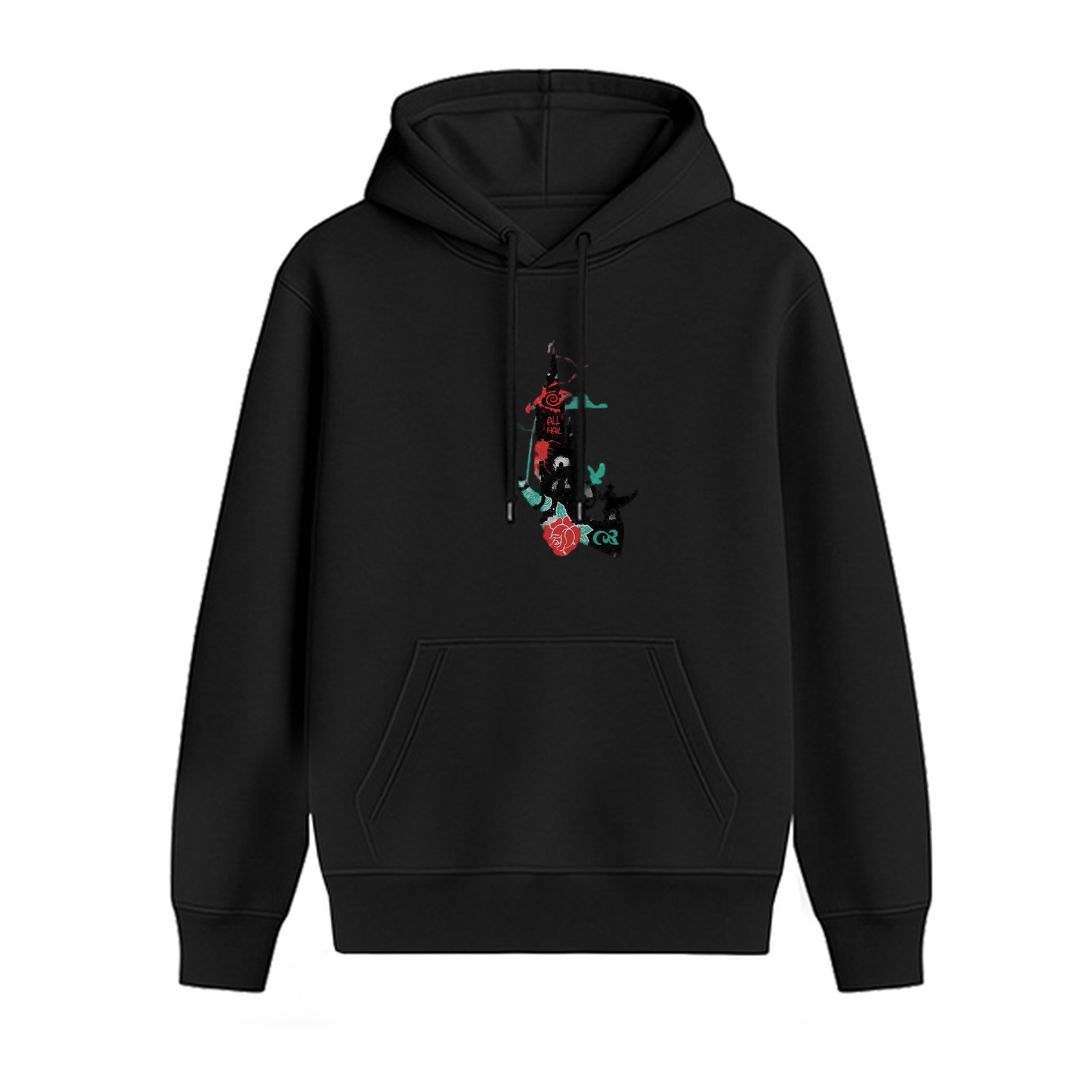 Black Hoodie With Abstract Red And Teal Graphic Print
