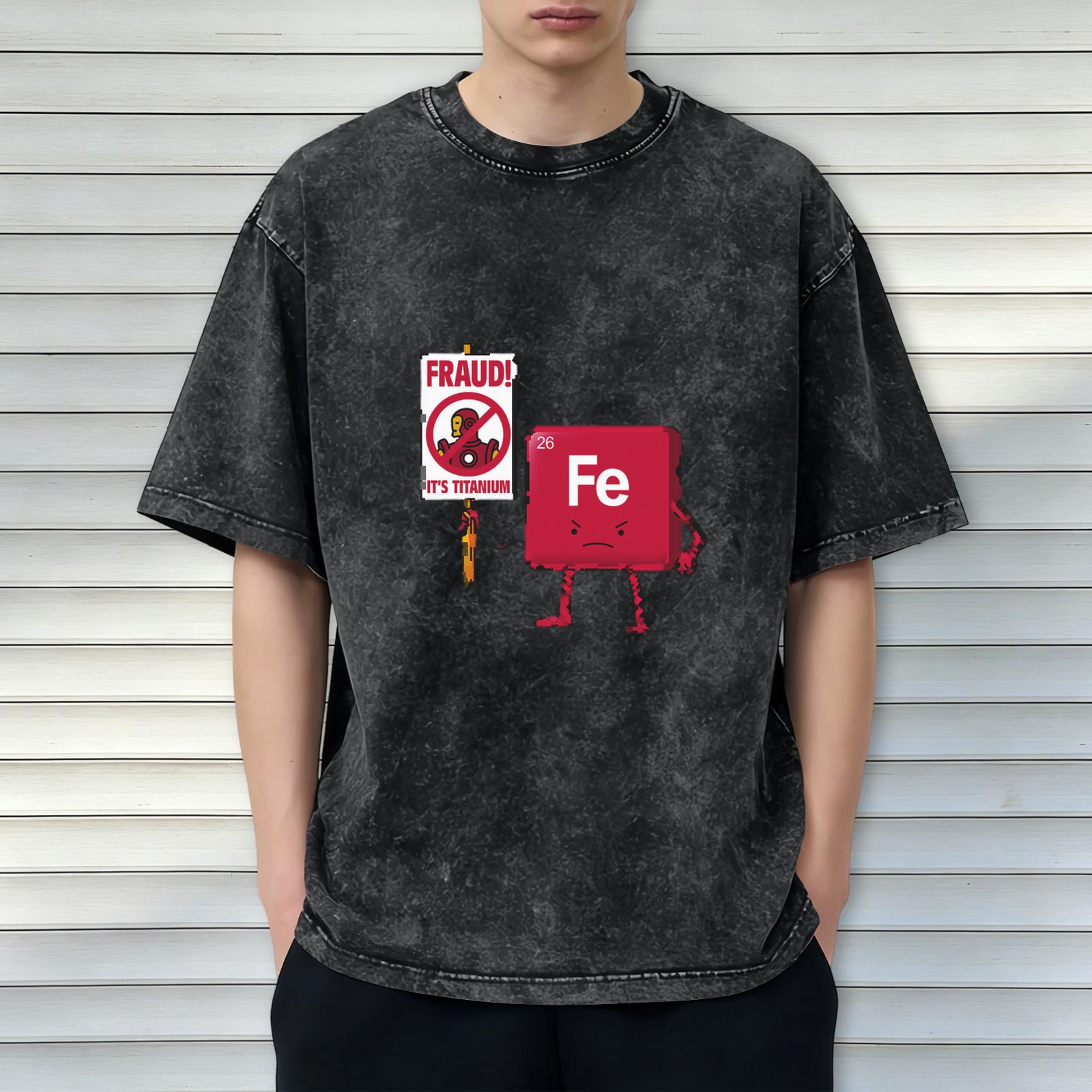 Oversized Acid Wash T-Shirt with Funny Iron Man Titanium vs Iron Element Graphic