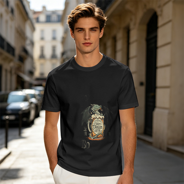Olive Green T-Shirt with Dragon Beer Mug Graphic Print