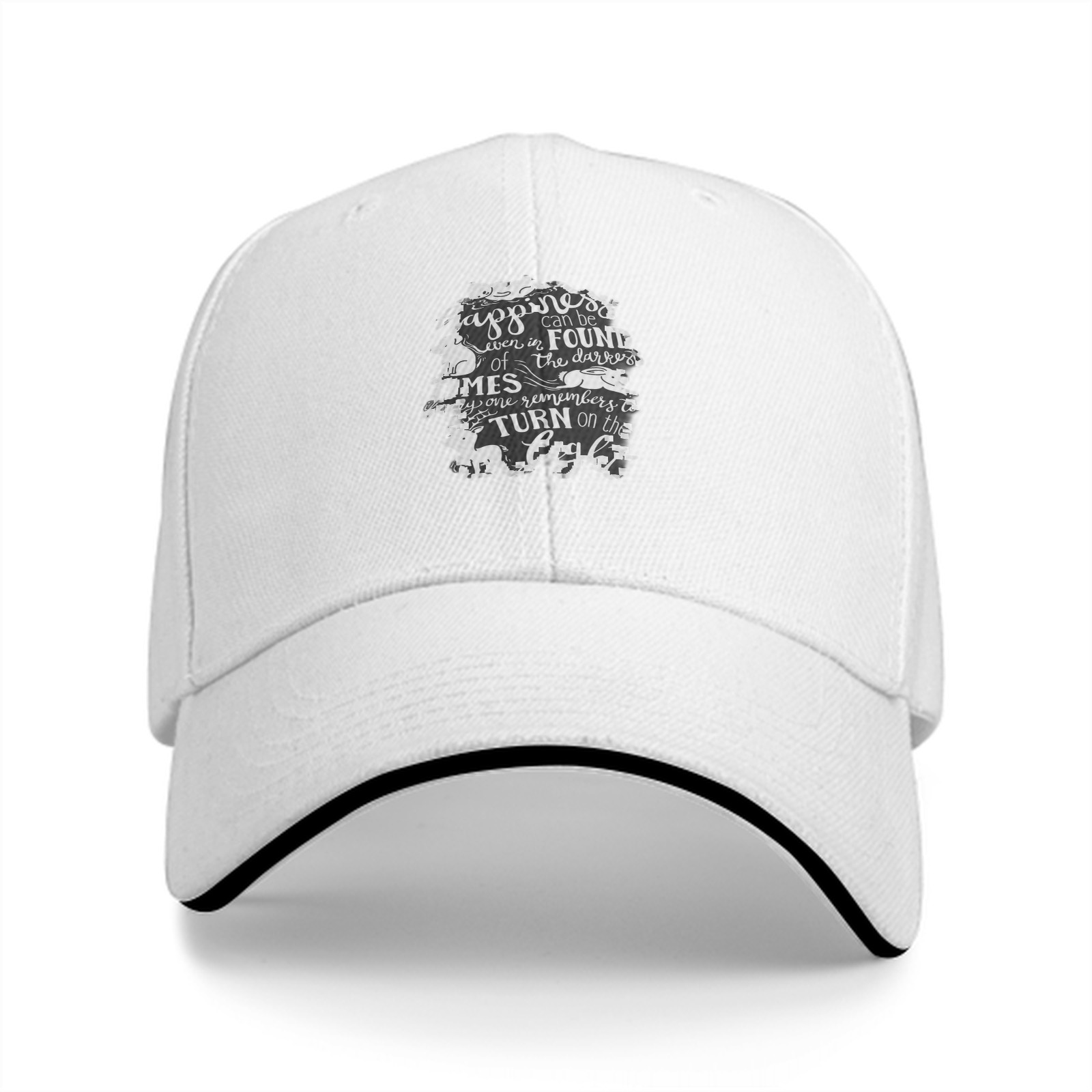 Black baseball cap with happiness quote and animal illustrations