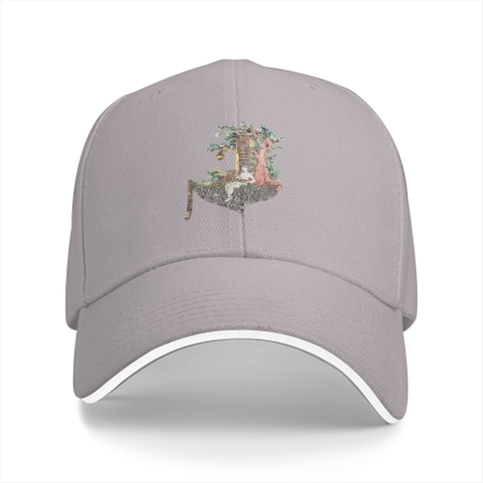 Black Baseball Cap With Whimsical Floating Island Treehouse Art