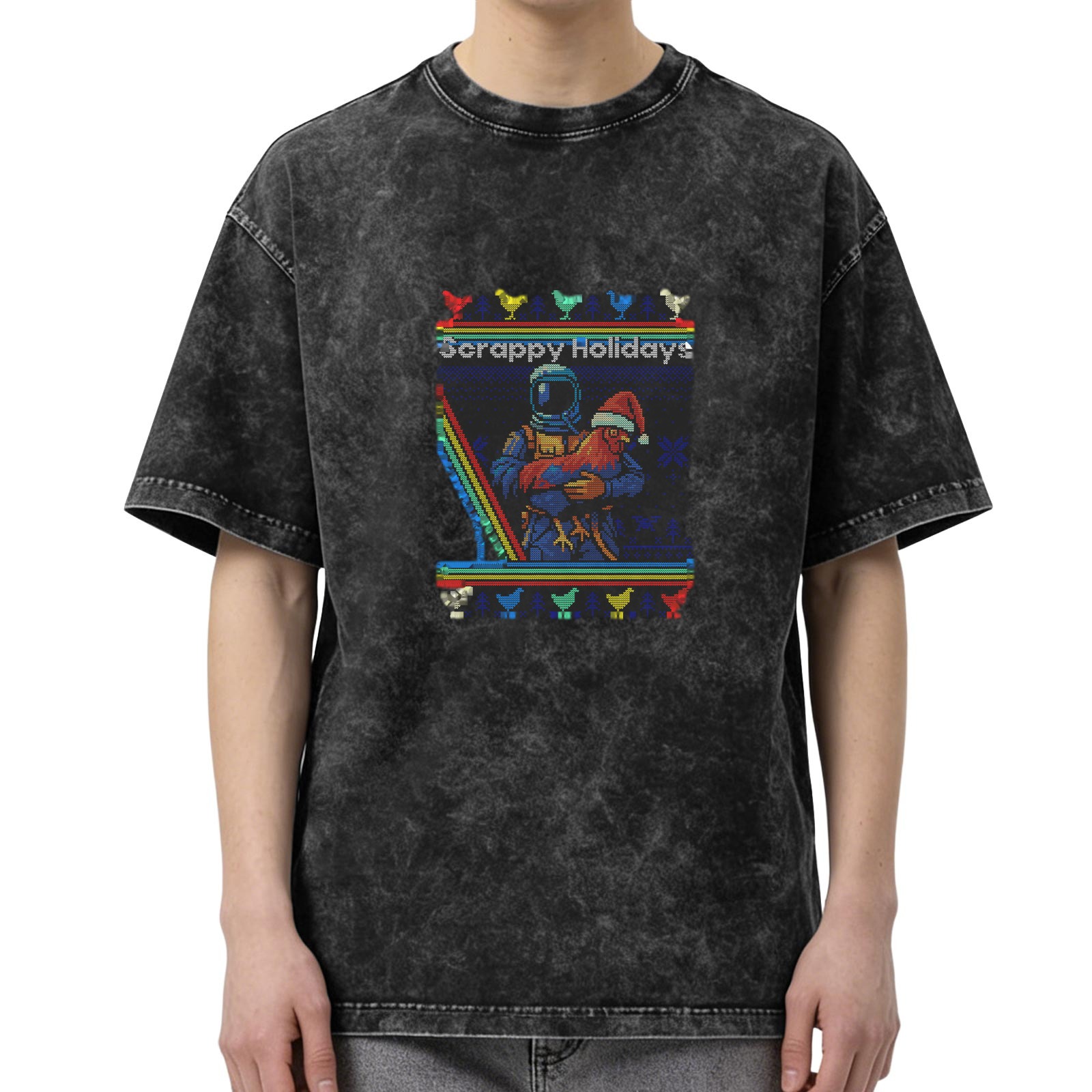 Washed Black T-Shirt with Retro Pixel Scrappy Holidays Astronaut Chicken Graphic