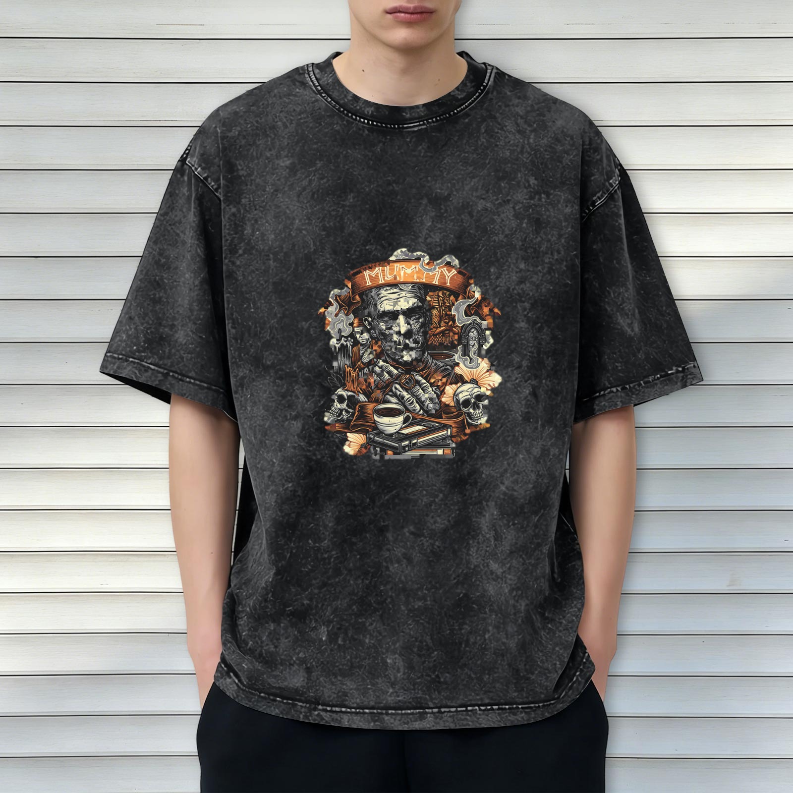 Washed Black Mummy Graphic T-Shirt with Skulls and Coffee Design