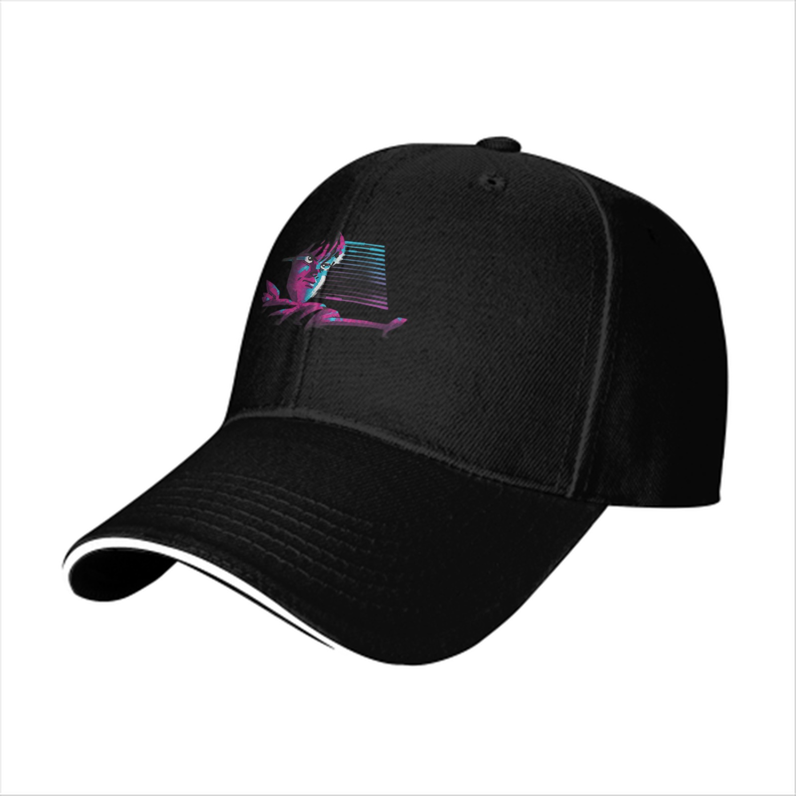 Black Baseball Cap With Synthwave Style Portrait Print