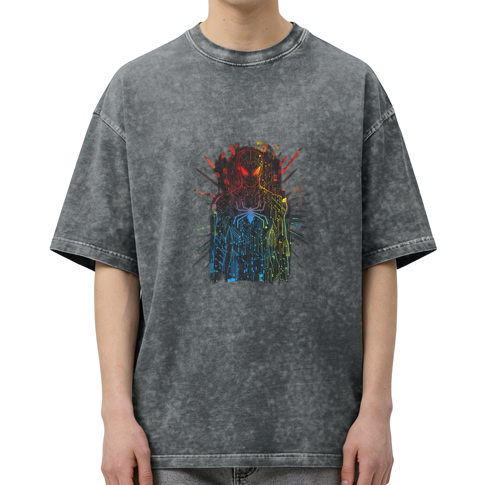 Washed Black Oversized T-Shirt with Neon Spider-Man Circuit Design