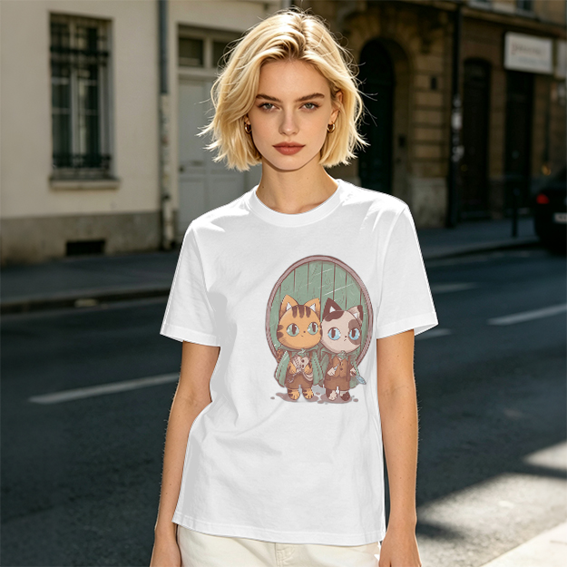 Olive Green T-Shirt With Cute Cat Fantasy Character Print