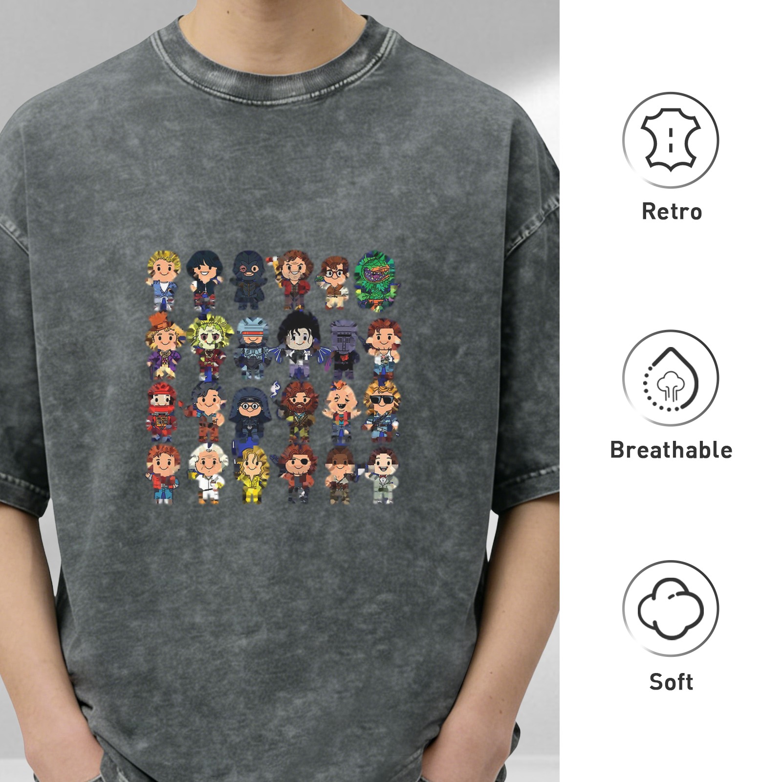 Retro washed black cartoon character printed loose short-sleeved T-shirt