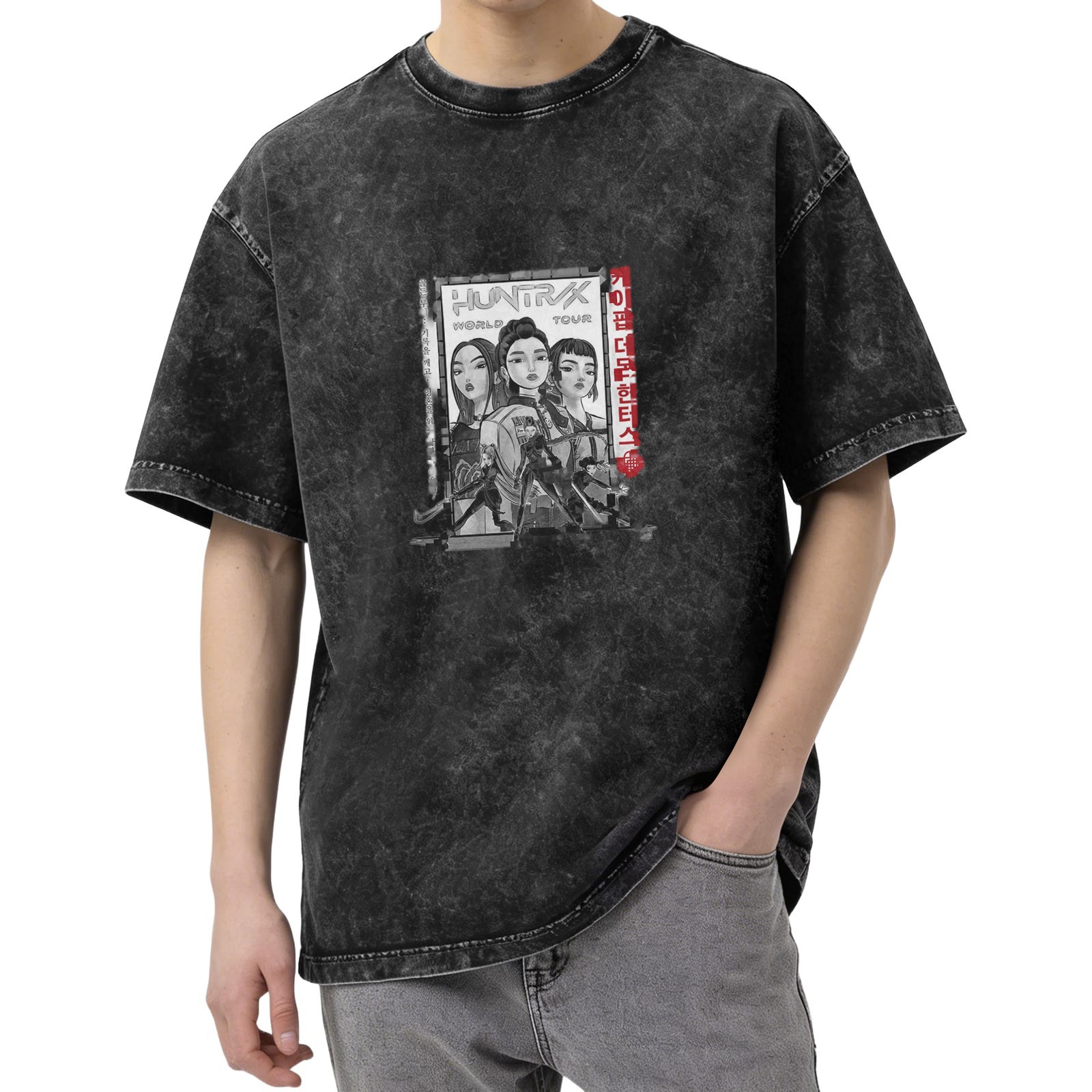 Oversized Black Acid Wash T-Shirt with Anime Girl Graphic Print