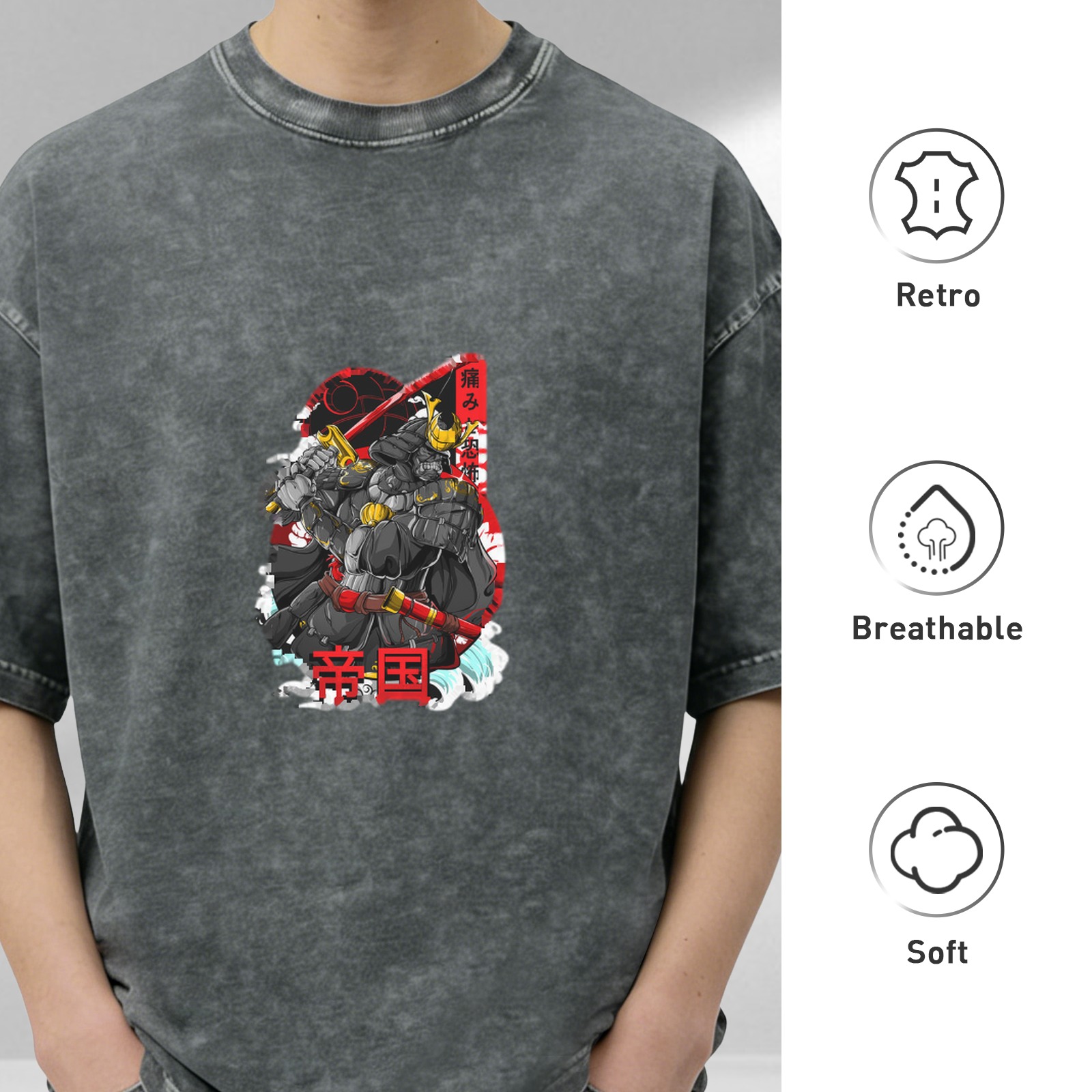 Oversized Black Acid Wash T-Shirt with Japanese Samurai Graphic Print