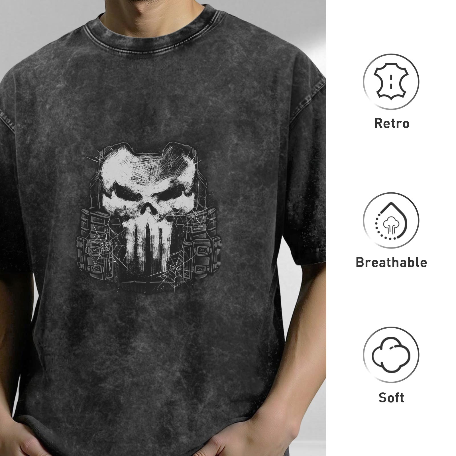 Washed Black T-Shirt With Tactical Skull Graphic Print