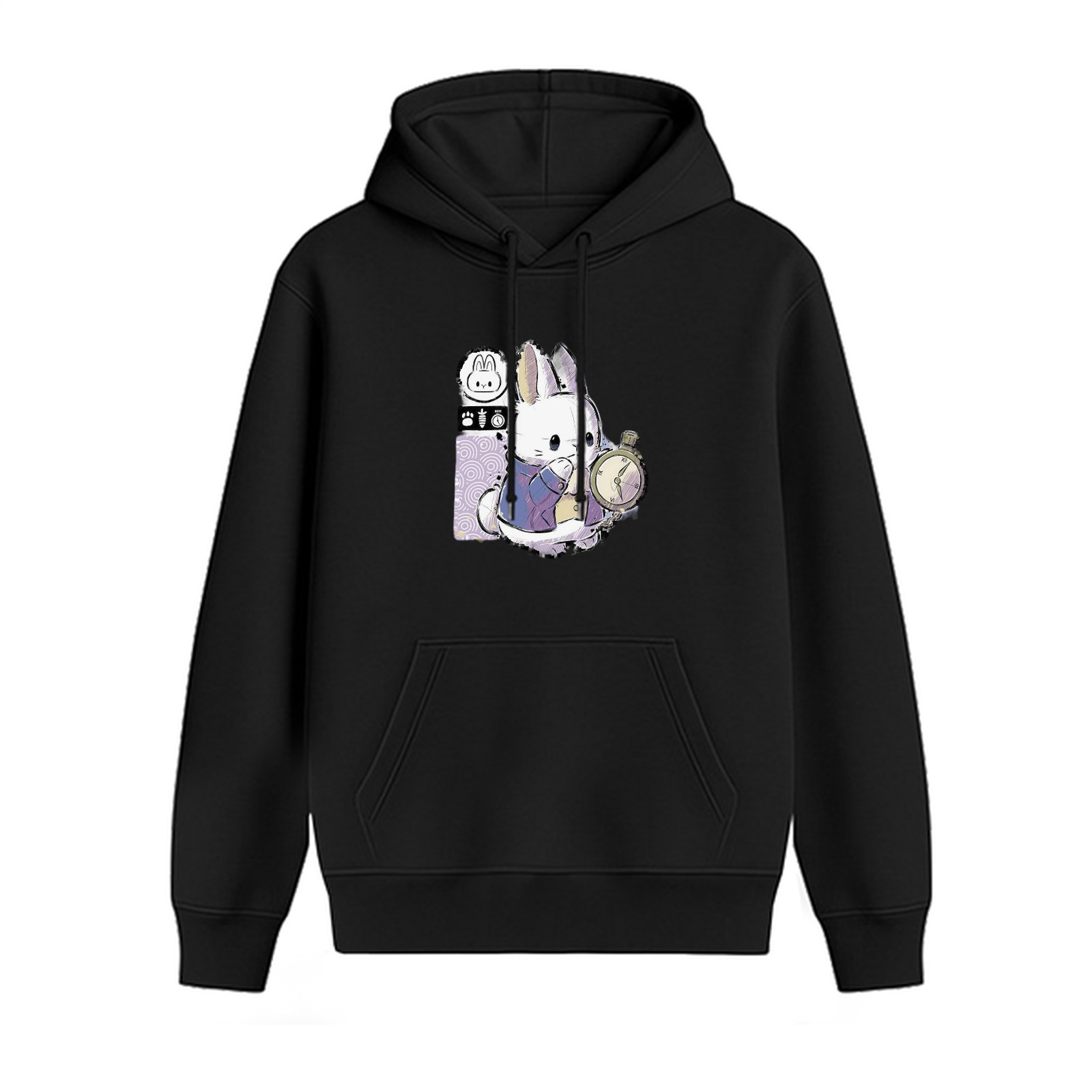 Black Hoodie With White Rabbit Holding Pocket Watch Graphic
