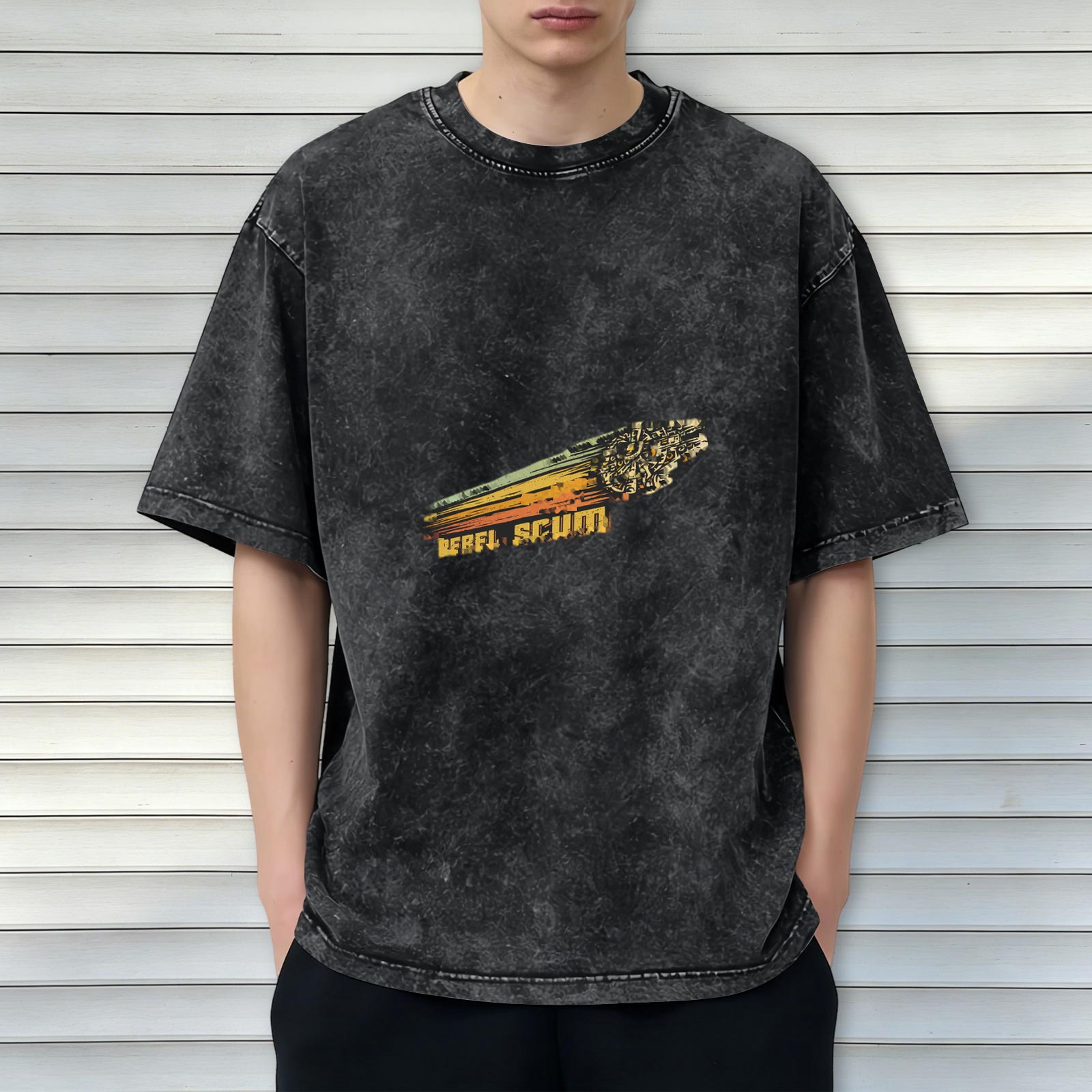 Distressed washed black short-sleeved T-shirt Star Wars themed pattern Rebel Scum Millennium Falcon print loose fit
