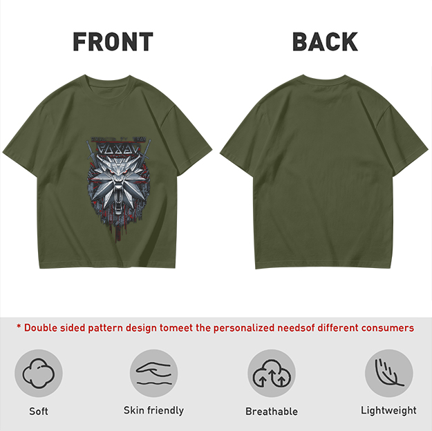 Olive Green T-Shirt With Witcher Wolf Medallion Graphic