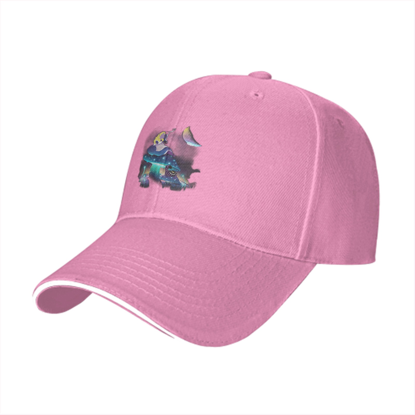 Black Baseball Cap With Mystical Mushroom Moon Artwork