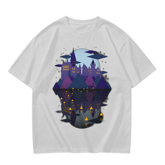 Olive T-Shirt With Night Castle Lake Reflection Graphic