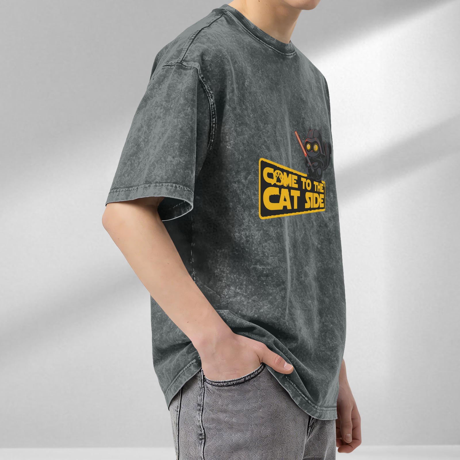Come to the Cat Side Star Wars Parody Acid Wash Graphic T-Shirt