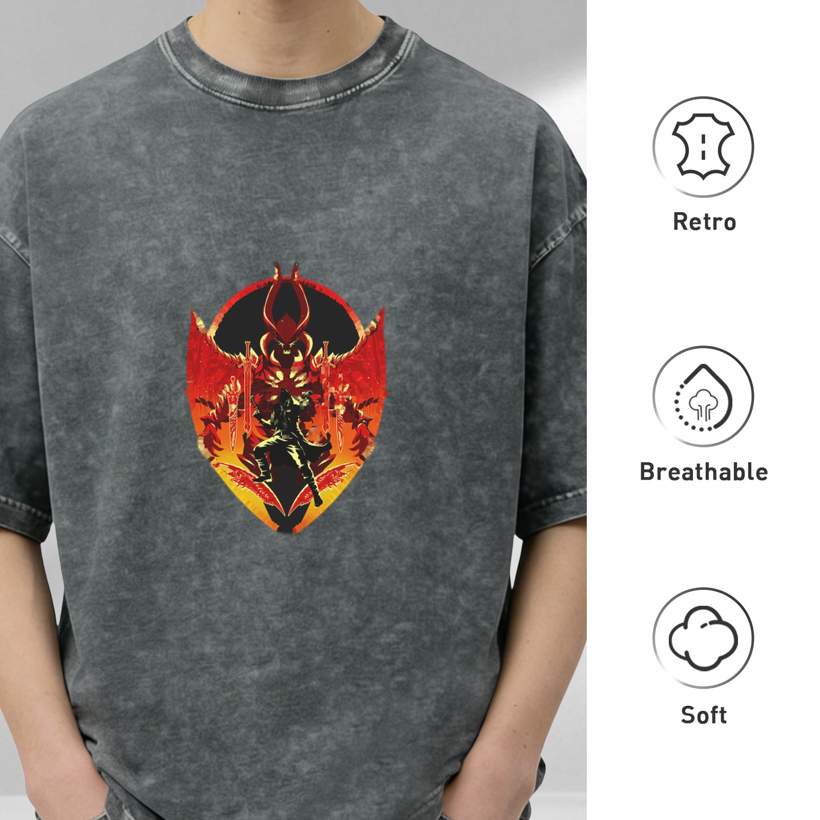 Washed Black Graphic T-Shirt With Fiery Demon Emblem Design
