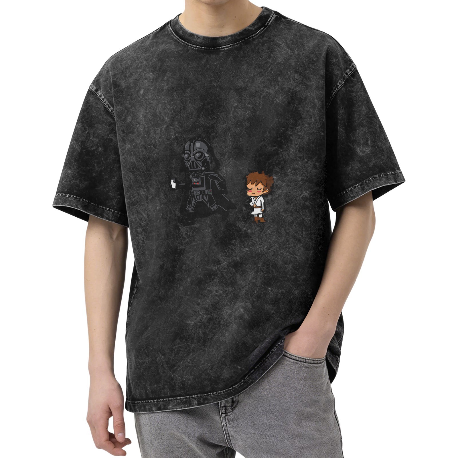 Washed Black T-Shirt With Cute Star Wars Character Art