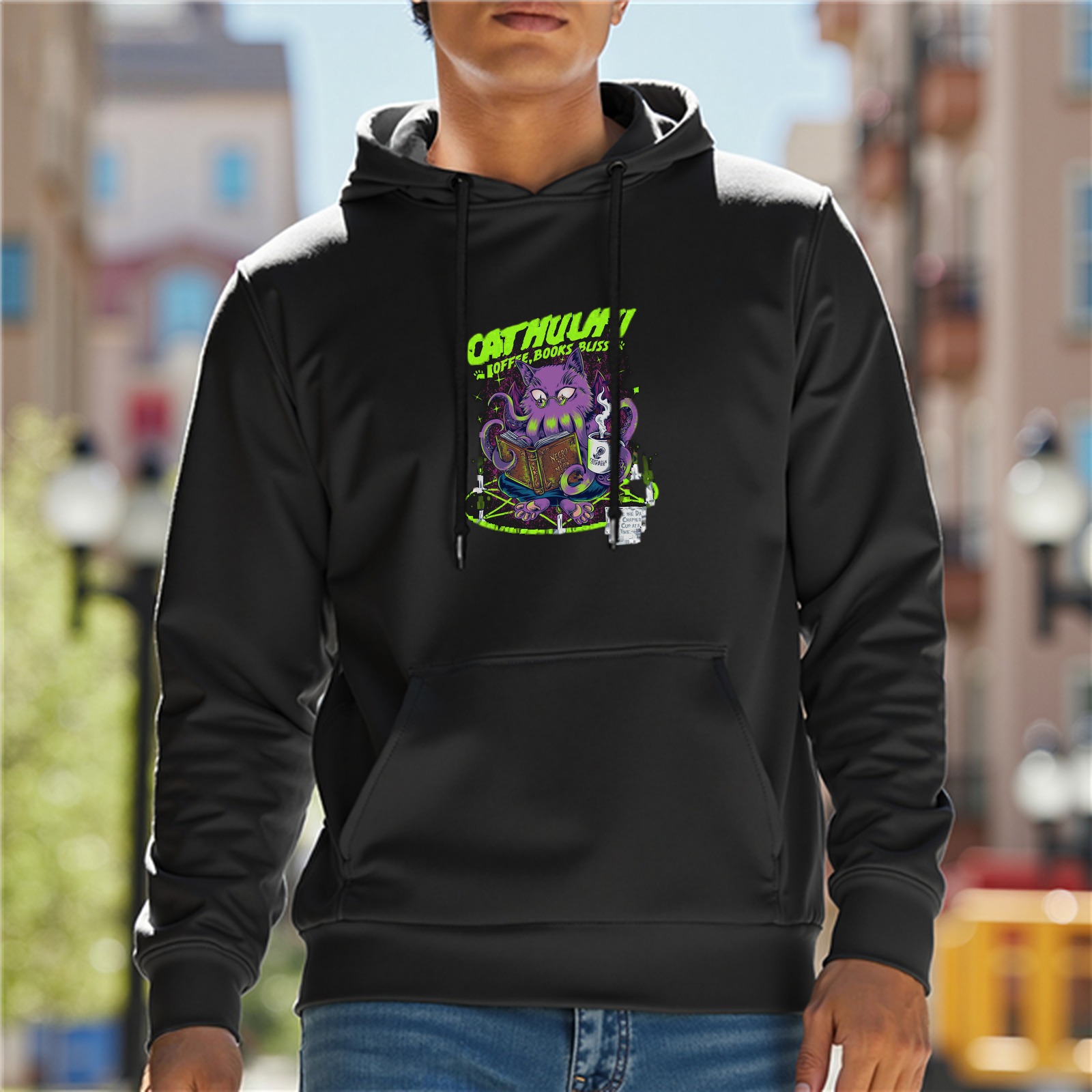 Black hoodie with Cathulhu cat reading book graphic print