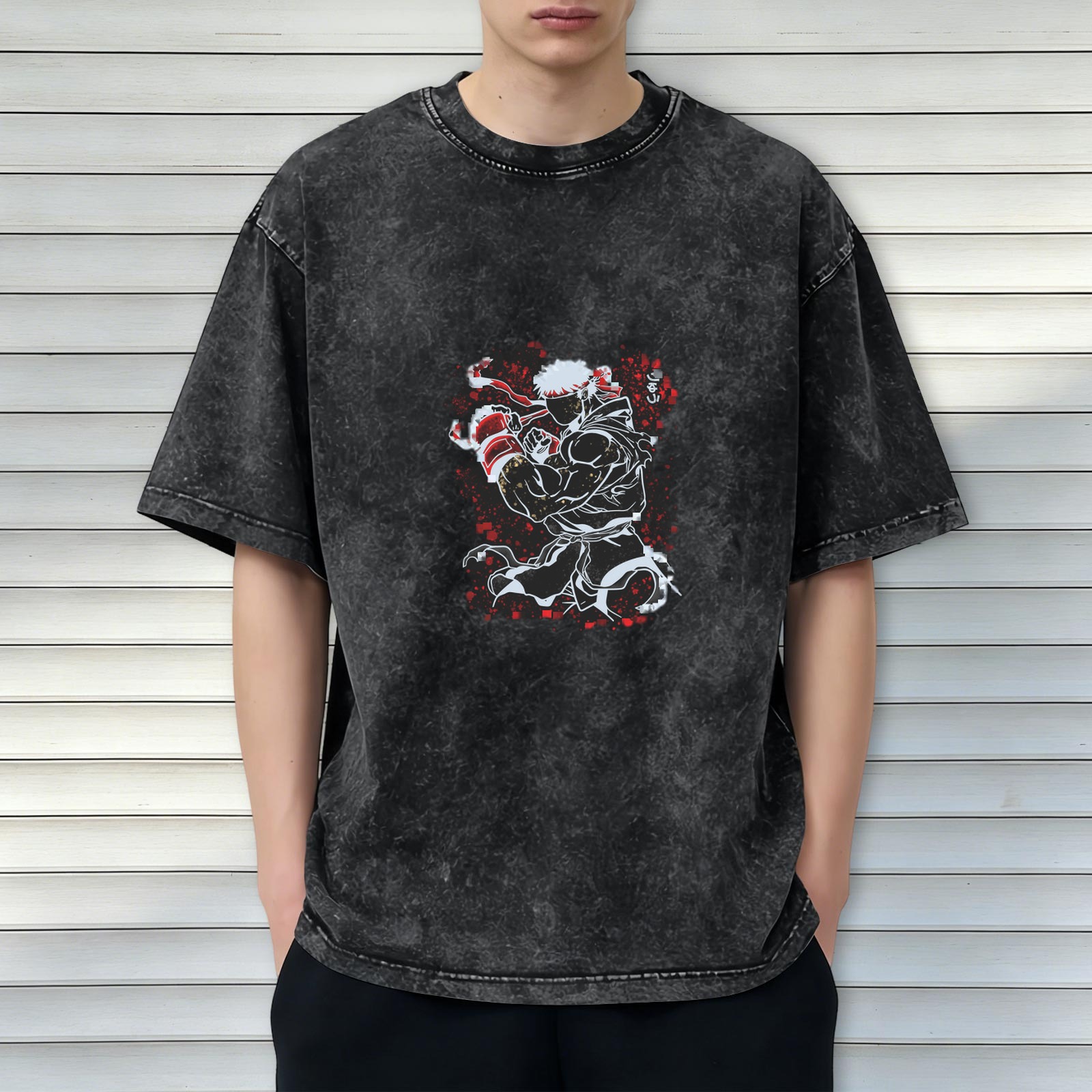 Oversized Dark Wash T-Shirt With Street Fighter Fighter Graphic