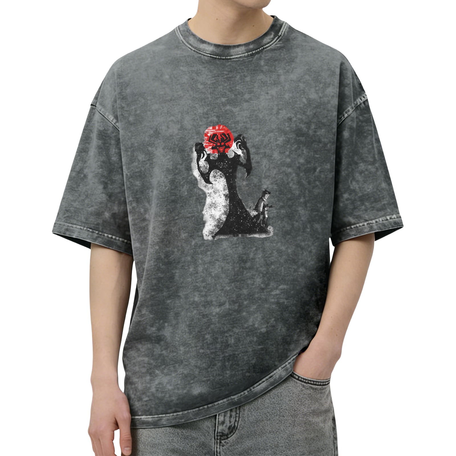 Oversized Acid Wash Graphic T-Shirt With Red Sun And Abstract Figure Print