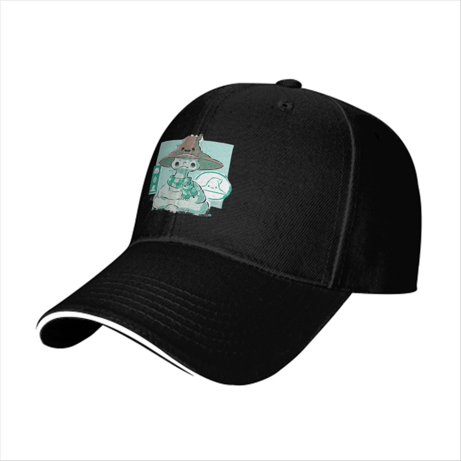 Black Baseball Cap With Cute Witch Snake Character Graphic