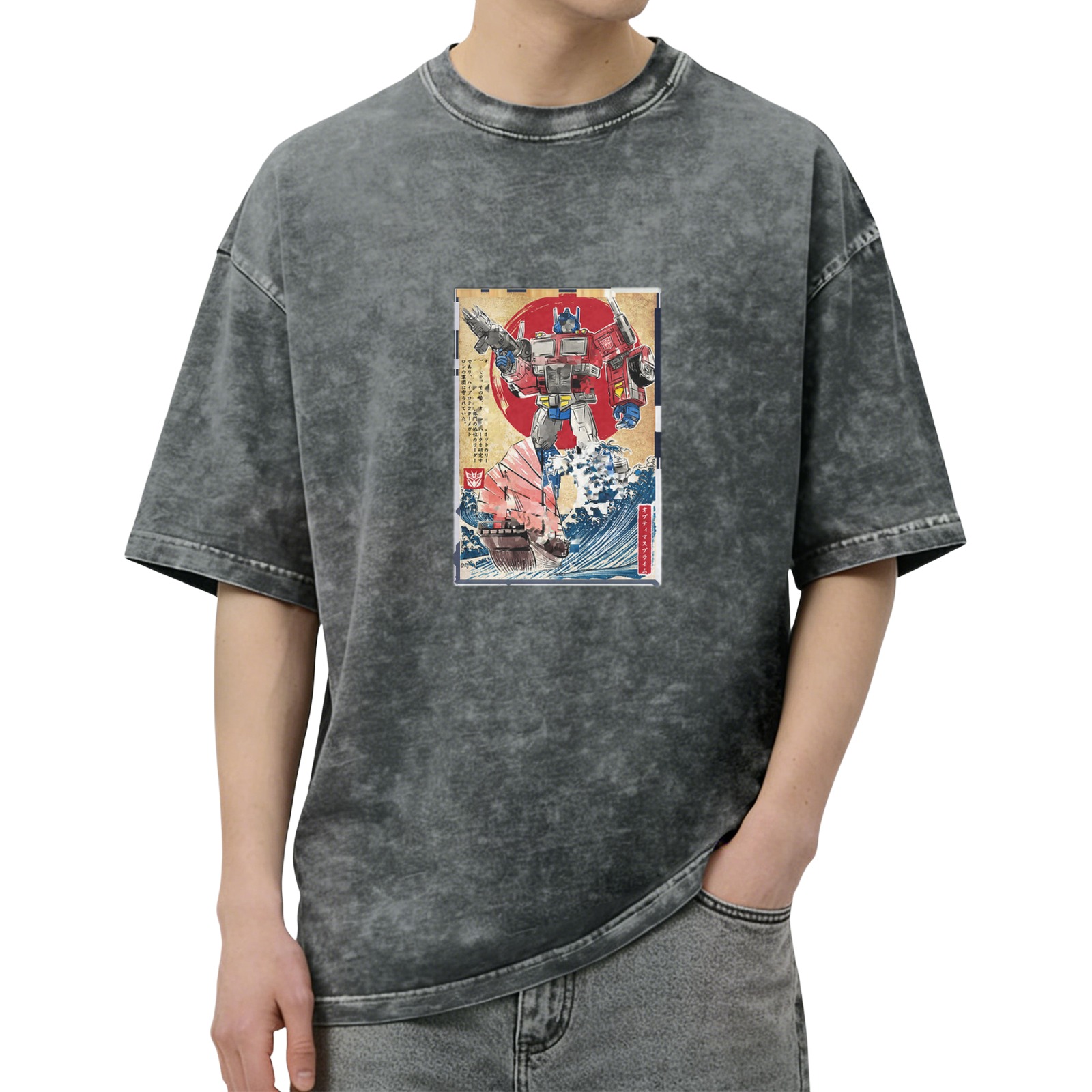 Washed Black T-Shirt with Transformers Ukiyo-e Style Graphic