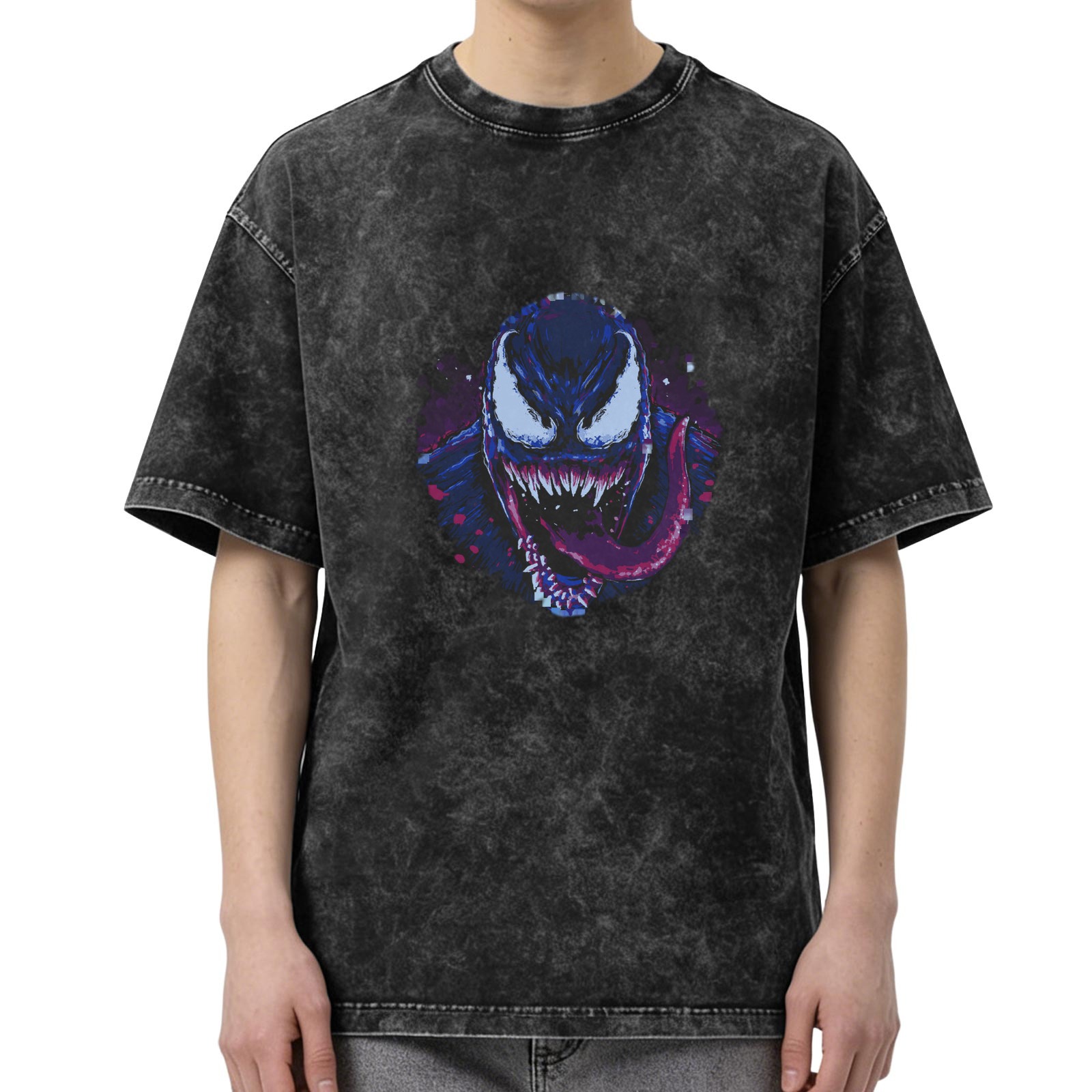 Oversized Acid Wash T-Shirt with Venom Graphic Print