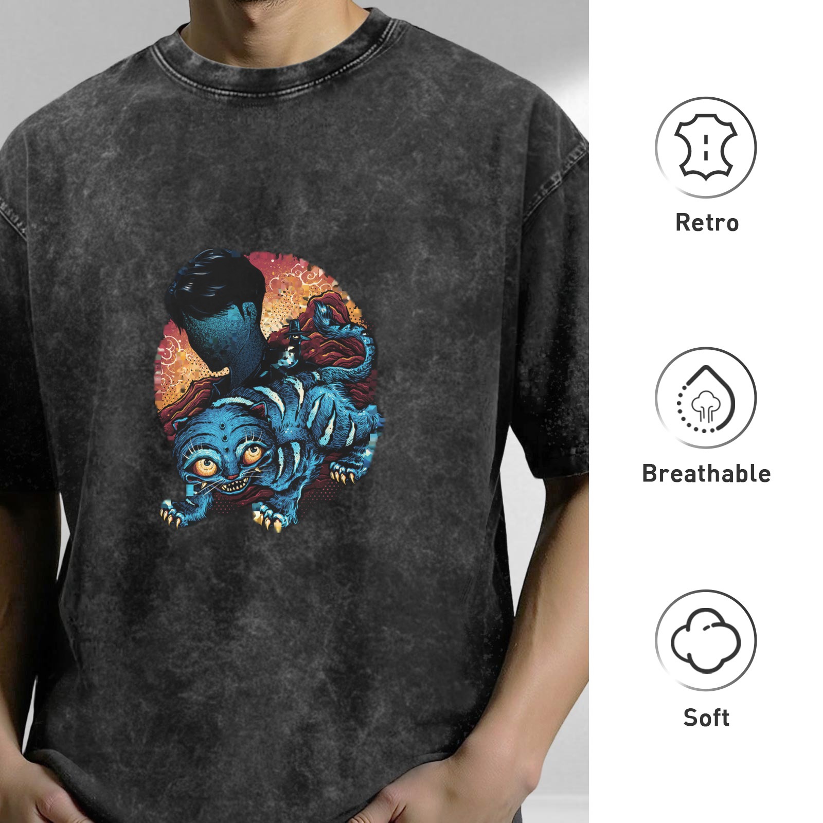 Distressed washed black loose short-sleeved T-shirt Creative blue cat monster print top