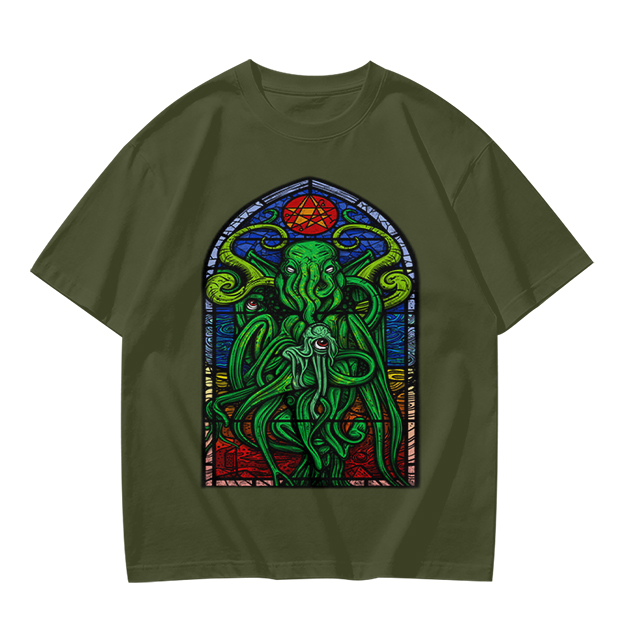 Olive T-Shirt with Cthulhu Stained Glass Style Graphic