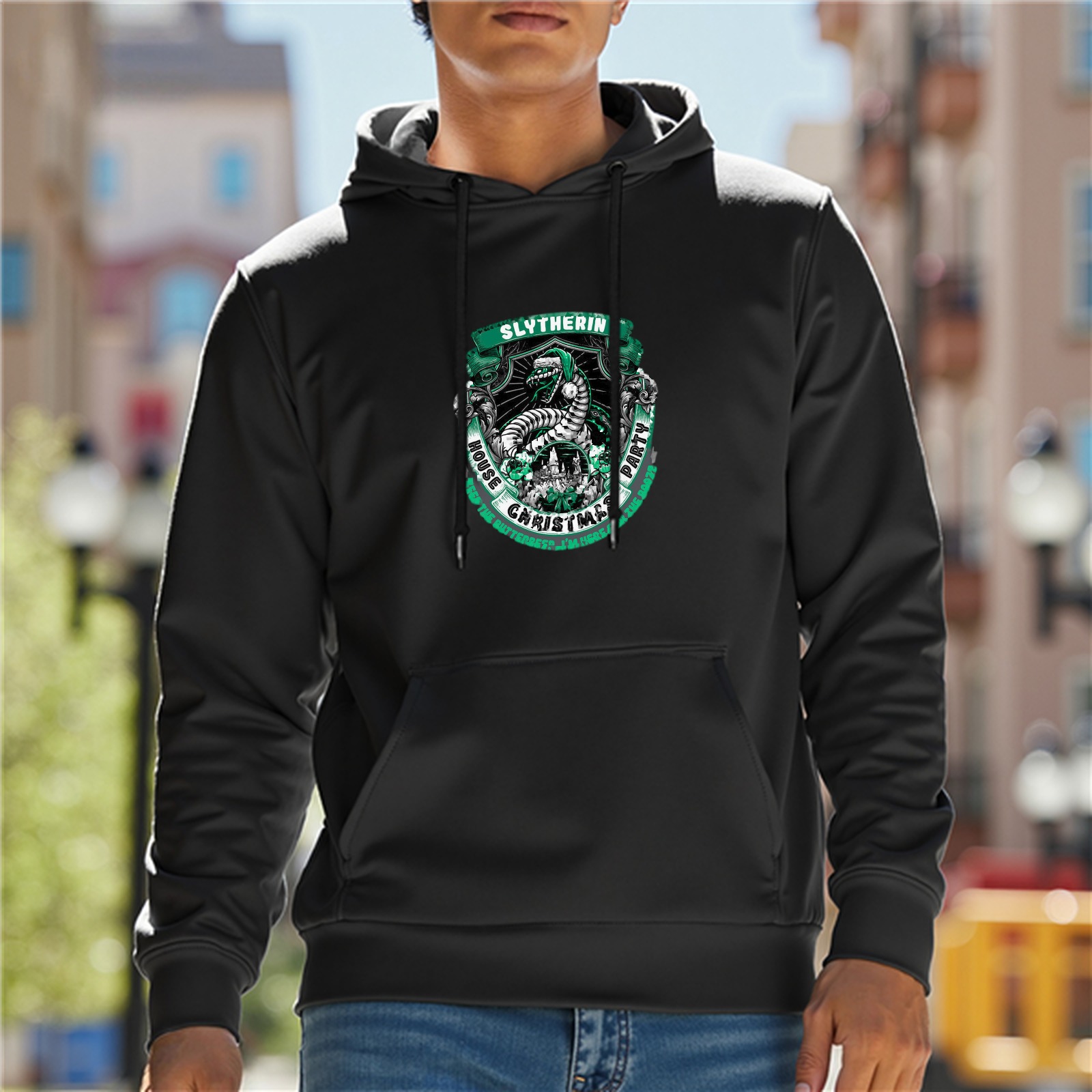 Black hoodie with Slytherin house Christmas party crest print