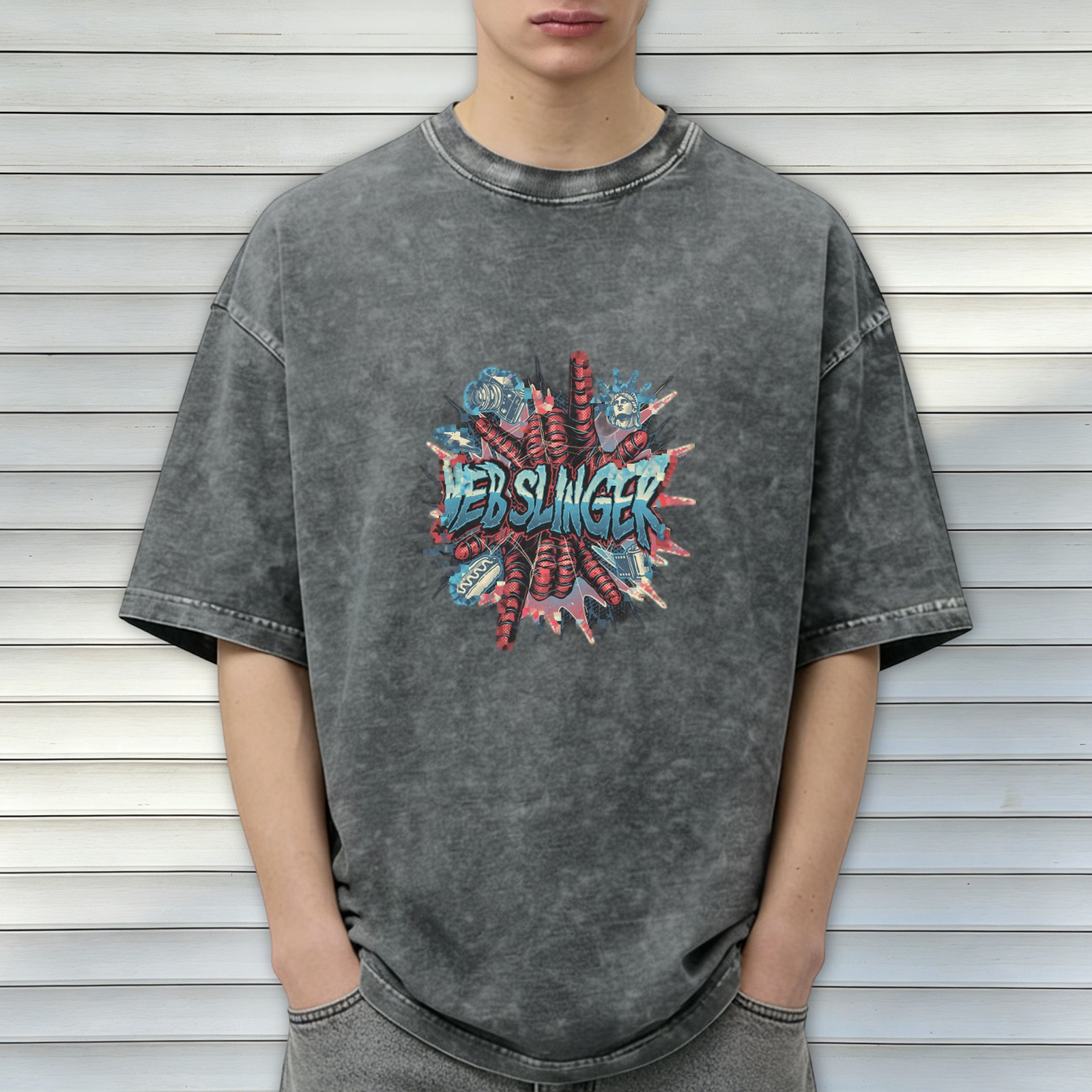 Web Slinger Graphic Black Acid Wash Oversized T-Shirt