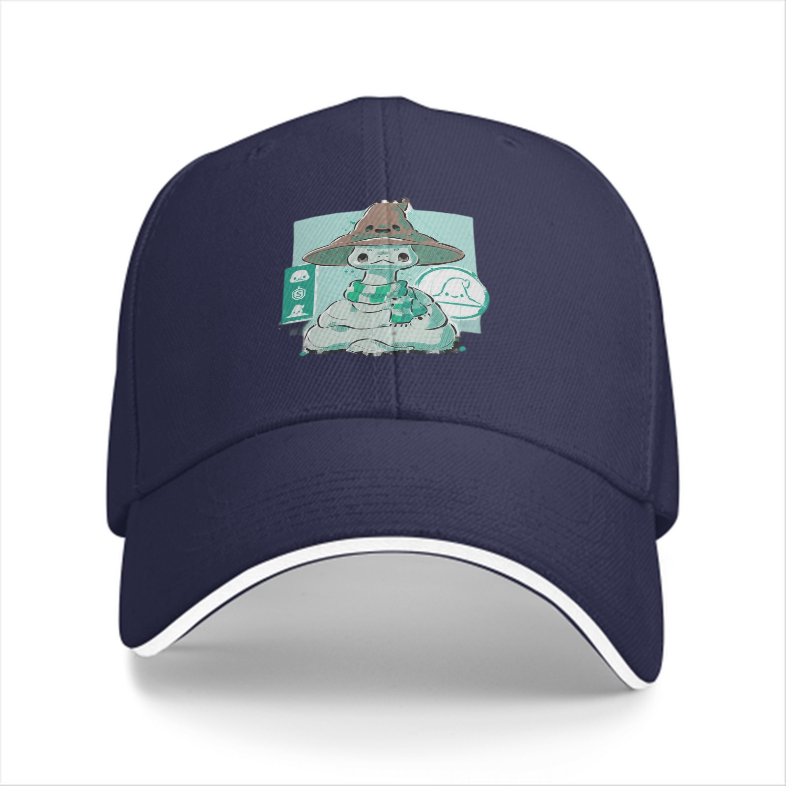 Black Baseball Cap With Cute Witch Snake Character Graphic