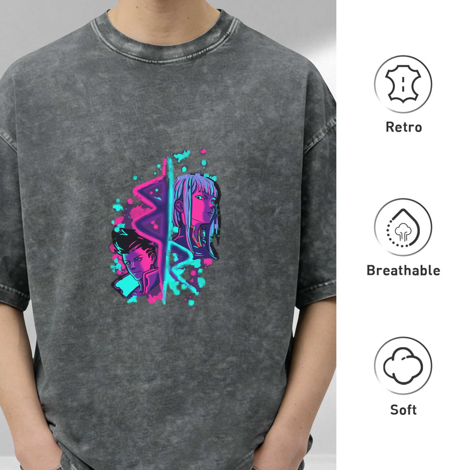 Cyberpunk Anime Character Graphic Acid Wash Black T-Shirt