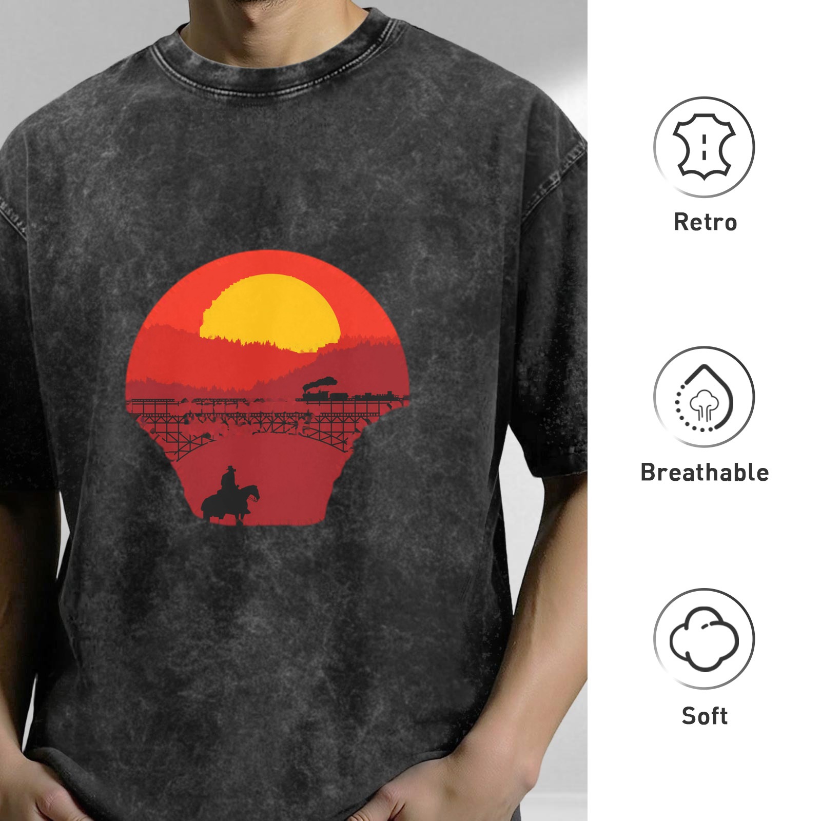 Washed Black T-Shirt with Western Sunset Cowboy and Train Graphic