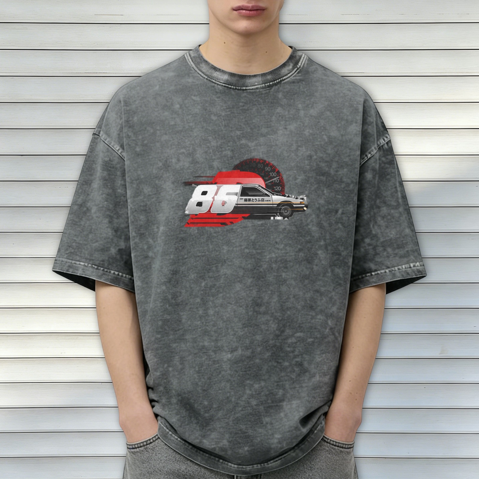 Distressed black loose short-sleeved T-shirt Initial D AE86 racing print washed retro round neck top