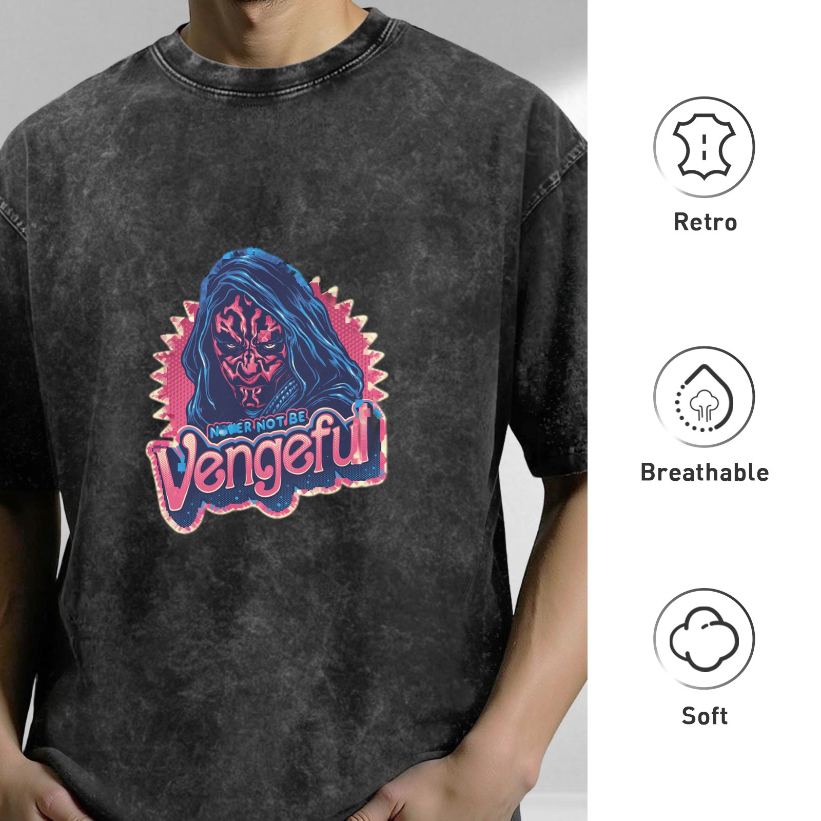 Oversized Acid Wash T-Shirt With Vengeful Dark Hooded Character Print