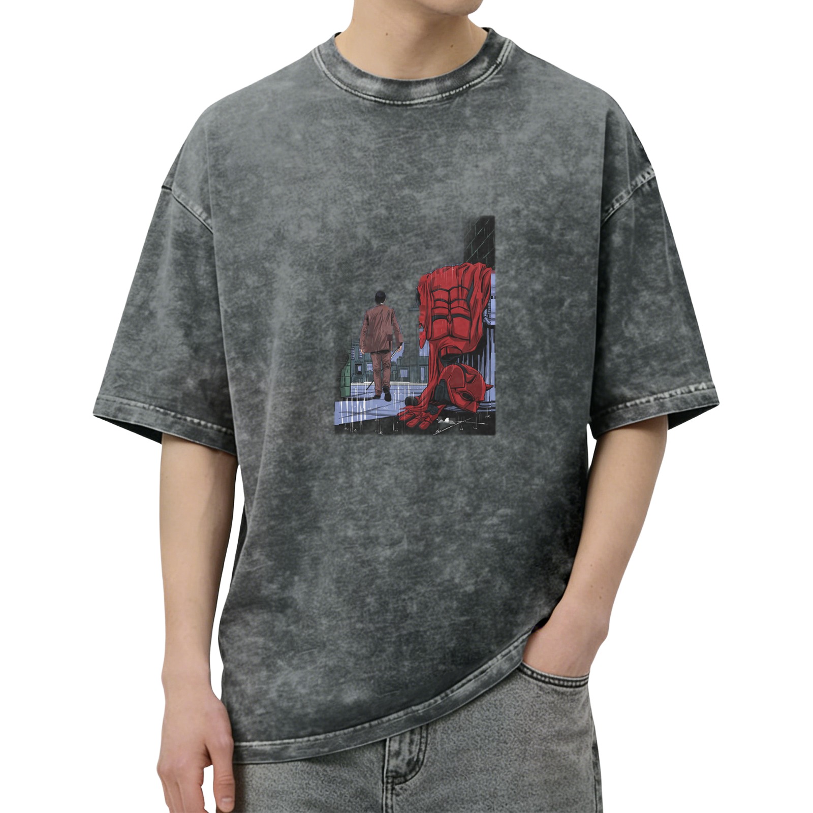 Washed Black Graphic Tee With Superhero And Figure Print