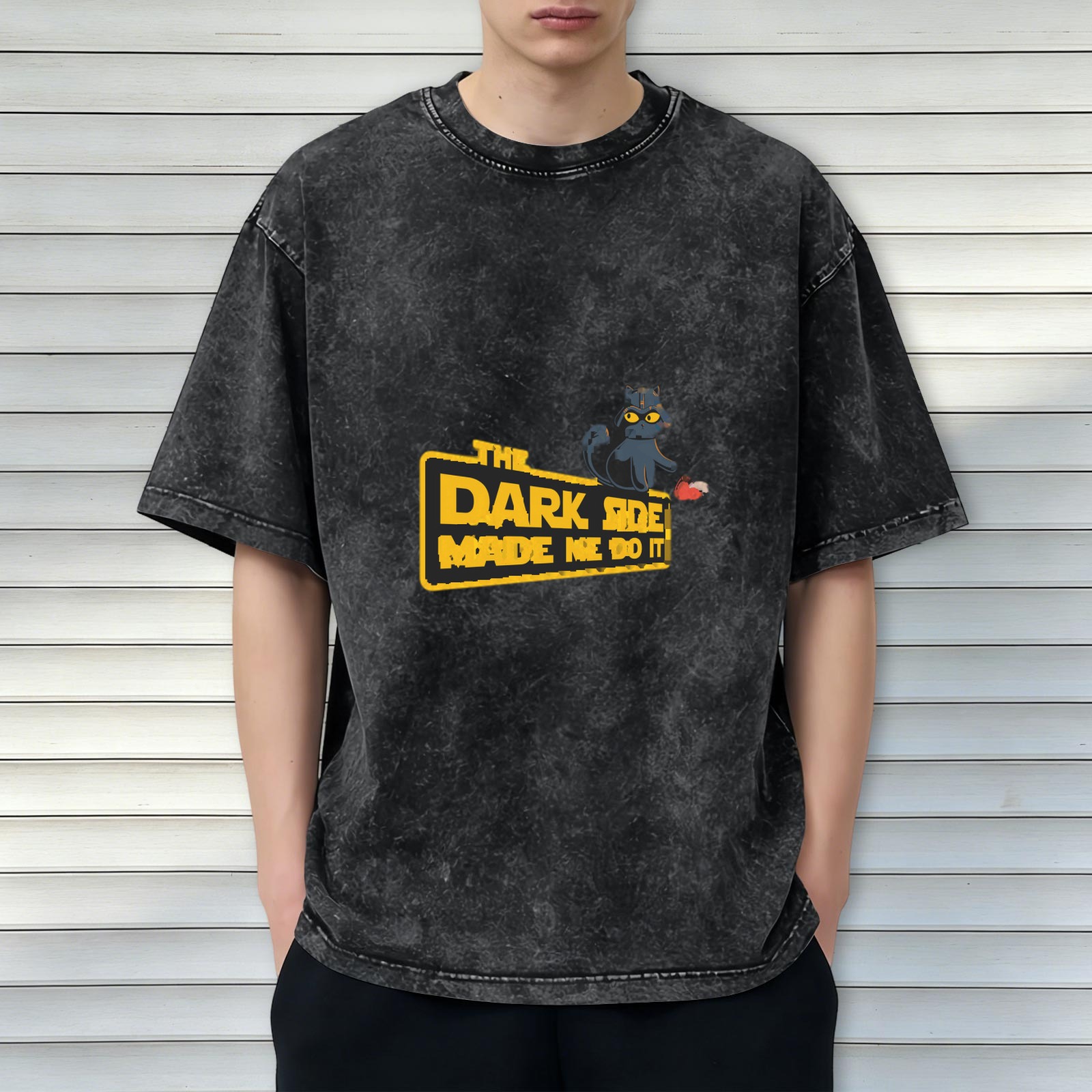 Oversized Acid-Wash T-Shirt with 'The Dark Side Made Me Do It' Cat Graphic Print