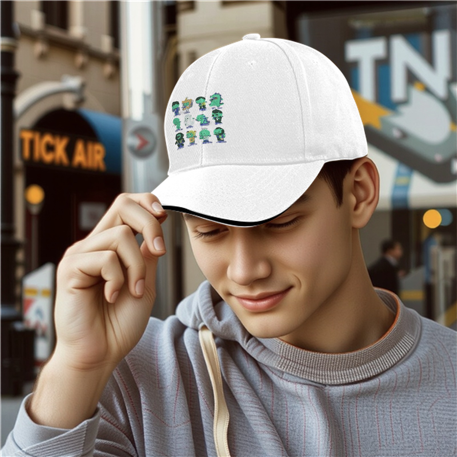 Black baseball cap with cute monster character grid print