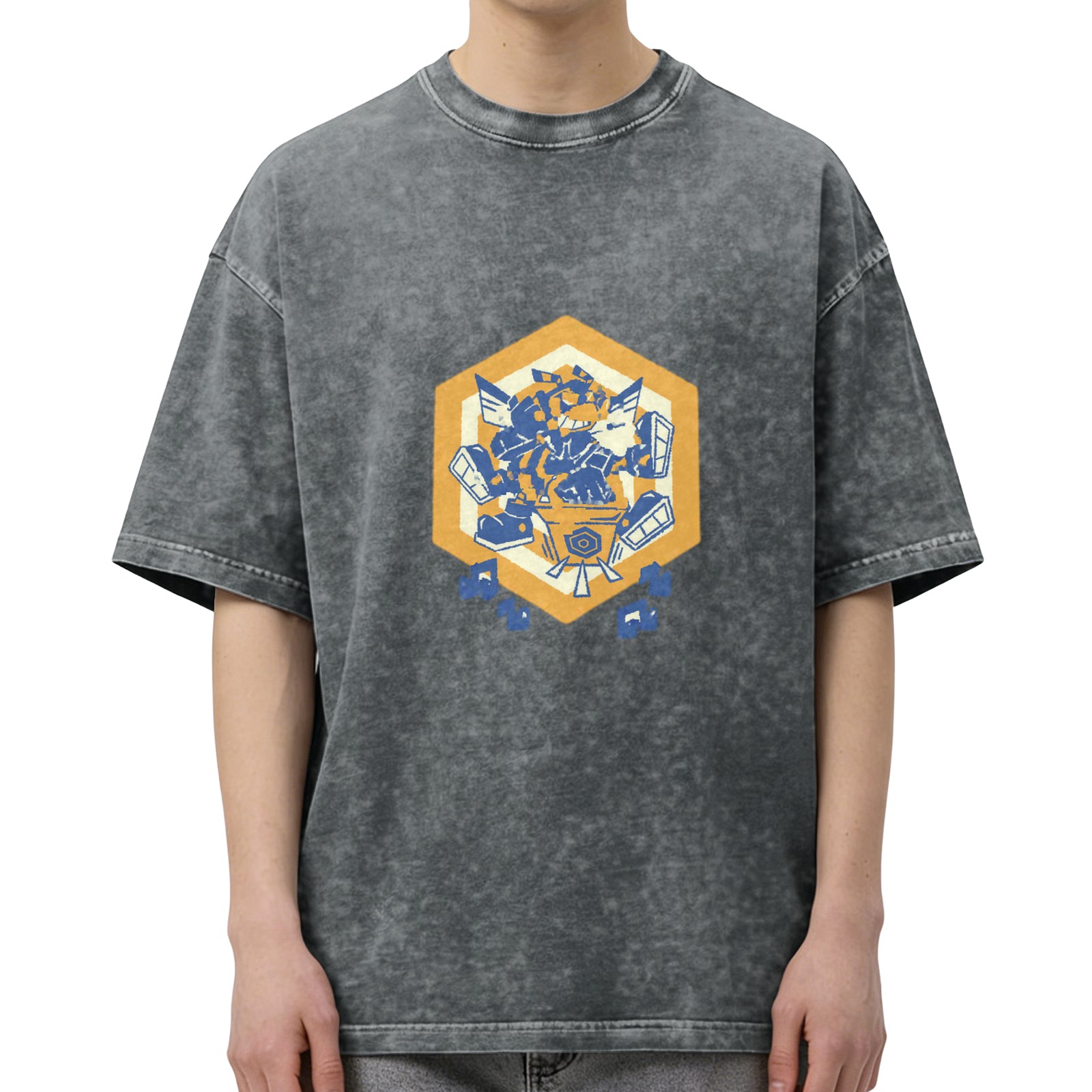 Oversized Acid Wash T-Shirt With Hexagon Robot Graphic Print