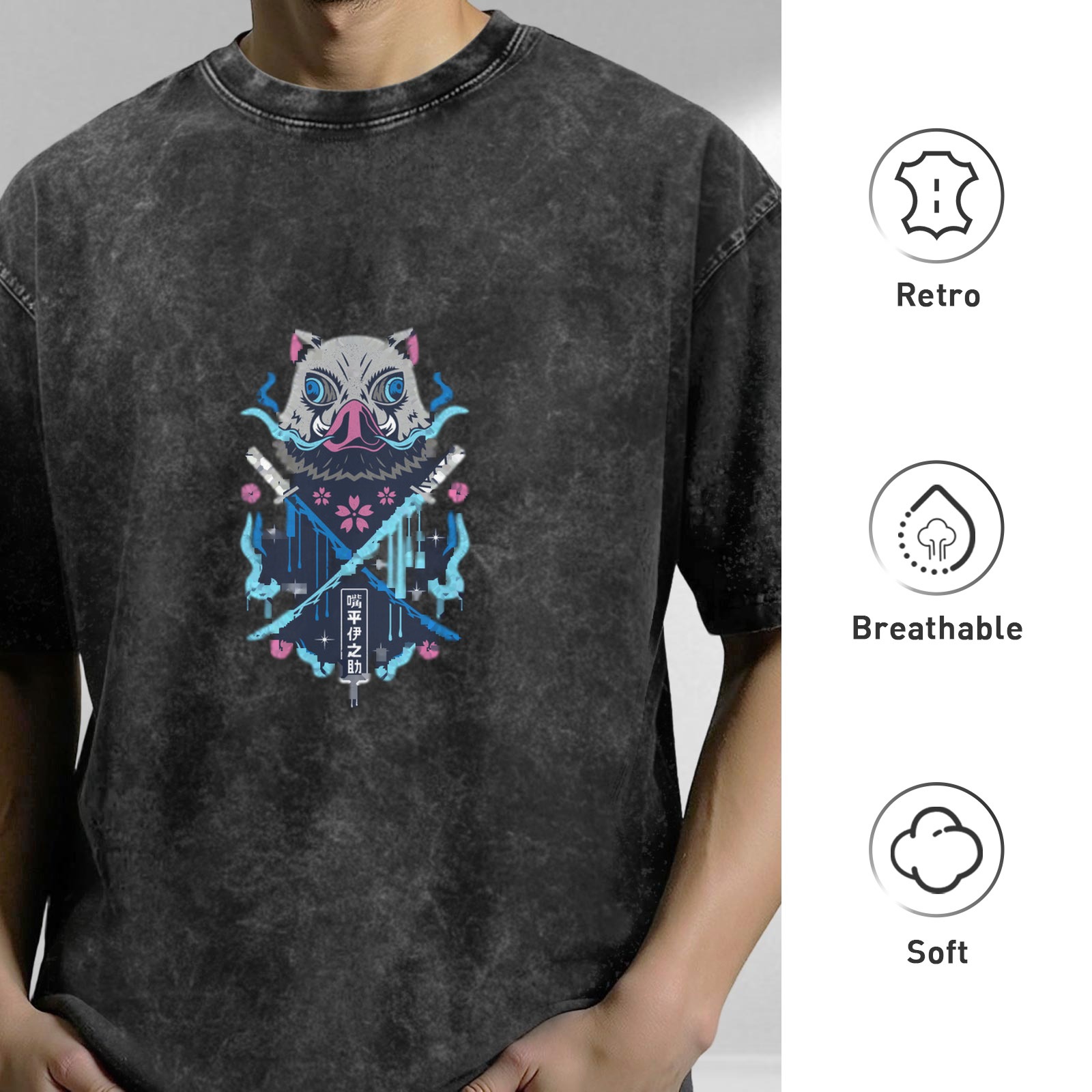 Washed and distressed charcoal black loose short-sleeved T-shirt Demon Slayer: Kimetsu no Yaiba Kihira Inosuke boar head print anime peripheral top