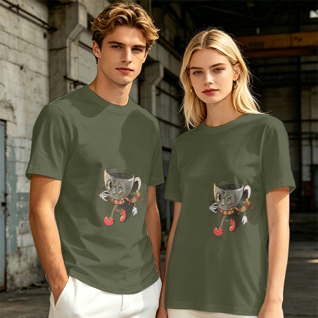 Olive T-Shirt With Wizard Coffee Cup Cartoon Print