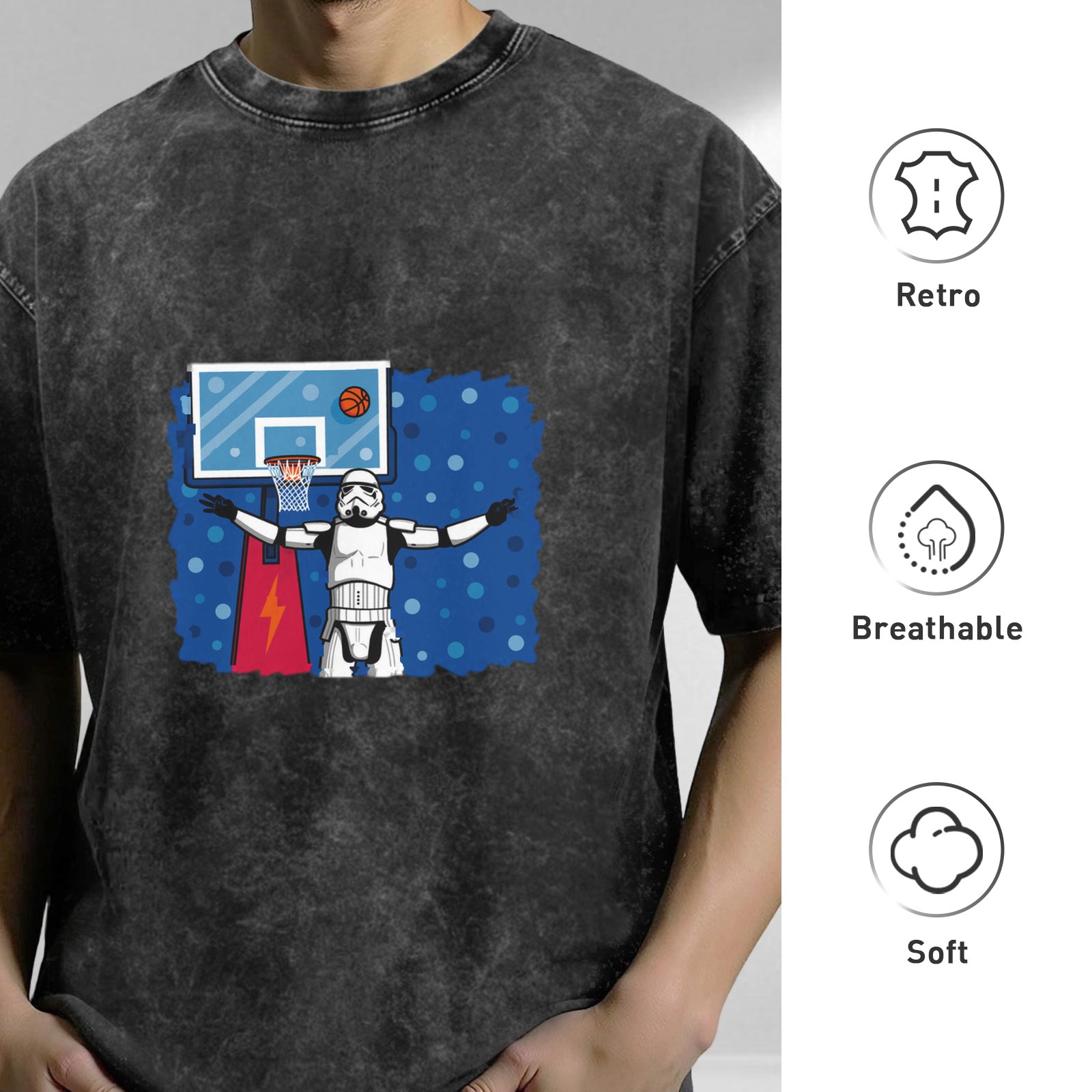 Washed Black T-Shirt with Stormtrooper Basketball Graphic Design