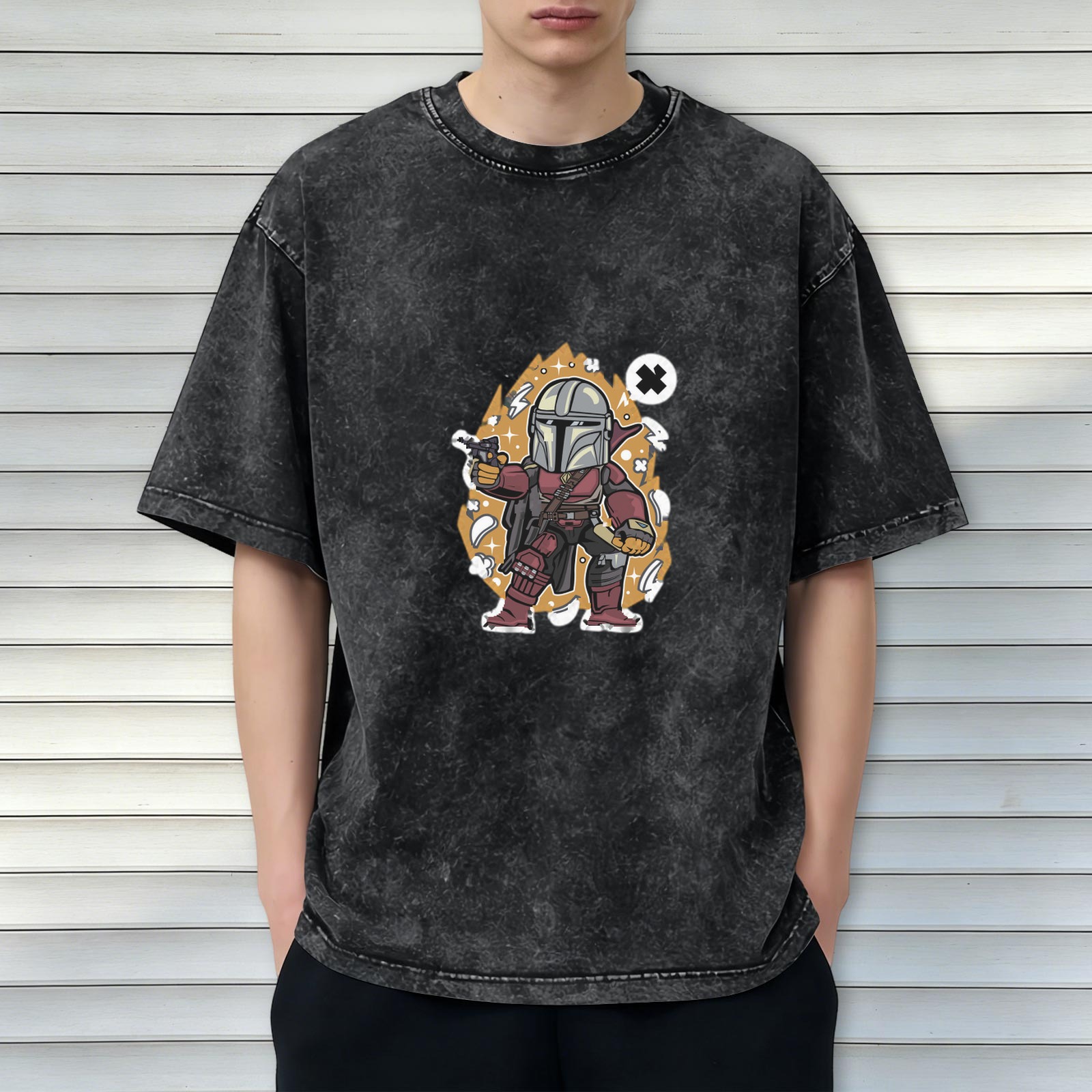Washed Black T-Shirt with Chibi Mandalorian Graphic Print